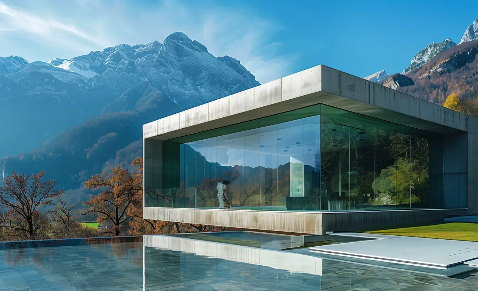 Villa contemporanea in vetro e cemento con specchio d'acqua davanti alle montagne